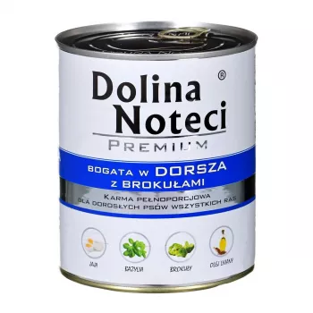 Šlapias šunų ėdalas Dolina Noteci Premium – menkė su brokoliais, 800 g, suaugusiems šunims, be grūdų, be glitimo