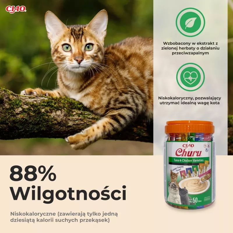 Šlapi skanėstai katėms INABA Churu įvairūs – Vištiena ir Tunas, 50 x 14 g pastos tūbelės, be grūdų, be glitimo ir be cukraus