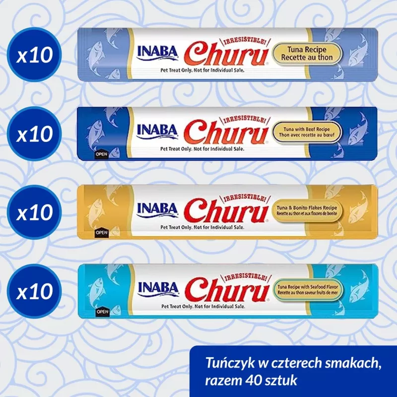 Šlapi kačių skanėstai INABA Churu Variety box Tunas su jūros gėrybėmis – 40 x 14 g pastos paketėliai, be grūdų, be cukraus