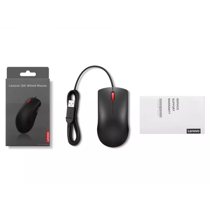 Laidinė USB-A pelė Lenovo 120 – Juoda, ambidekstrinė, 1600 DPI, 3 mygtukai, 1,5 m laidas