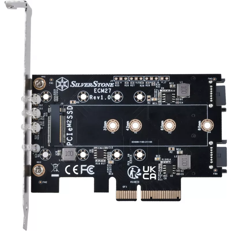 Silverstone SST-ECM27 M.2/SATA adapterio kortelė, PCIe 4.0, 1x M-Key, 2x SATA 6G - Low Profile