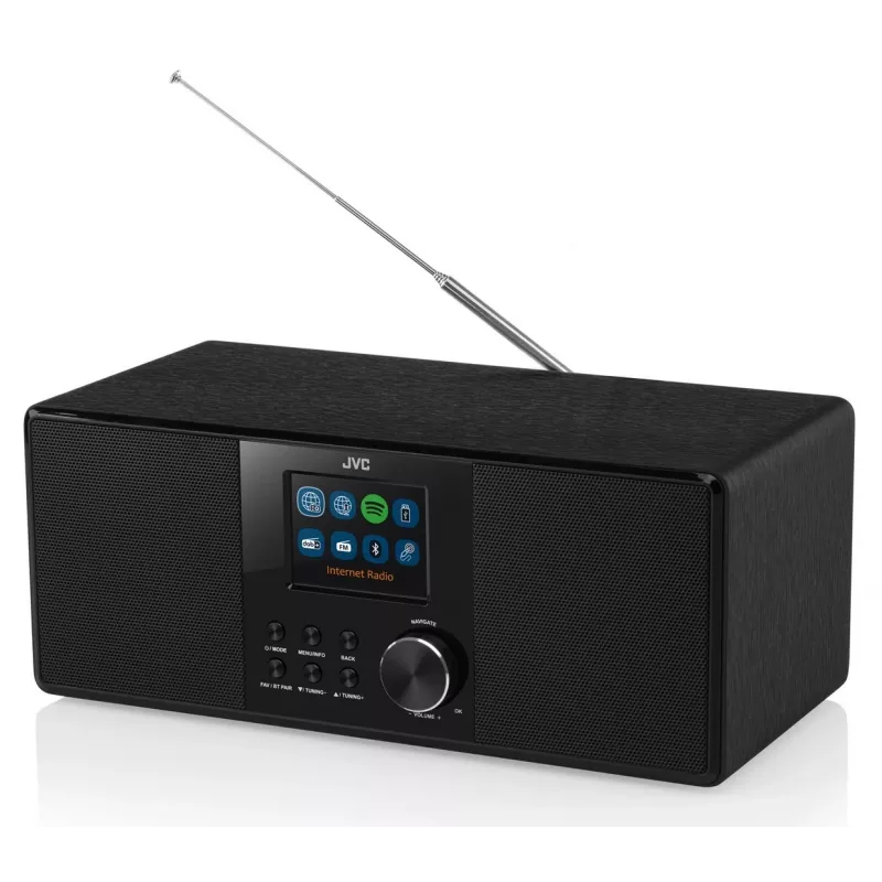 Internetinis radijas JVC RA-E981B – Wi‑Fi ir Bluetooth srautinis transliavimas, DAB+, FM, 2×5 W, 40 išankstinių nustatymų, USB, AUX, LCD ekranas
