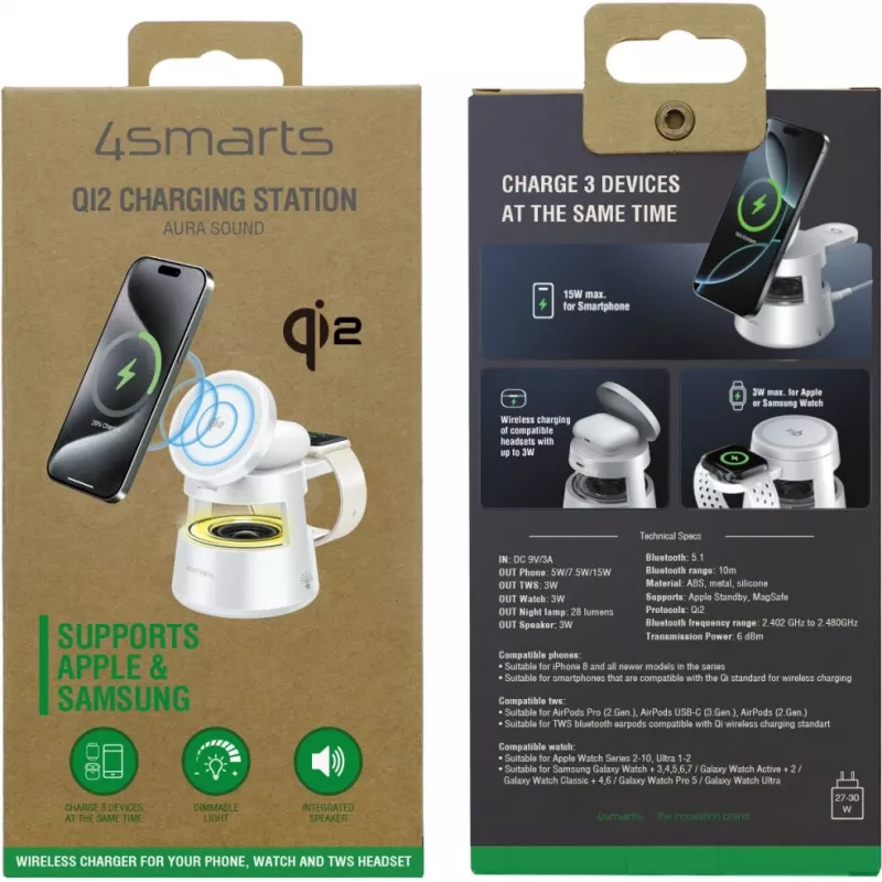 Belaidis įkroviklis 4smarts Qi2 Aura Sound Baltas – greitas belaidis Qi2 įkrovimas su integruotu garsiakalbiu