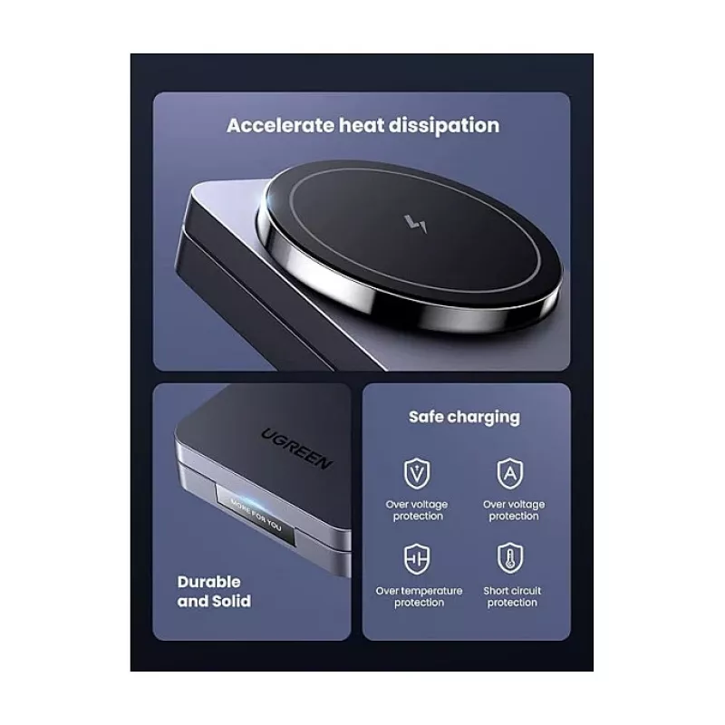 UGREEN W528 belaidis magnetinis 2-in-1 įkroviklis ausinėms ir telefonams, pilka, apsauga nuo trumpojo jungimo ir per žemos įtampos