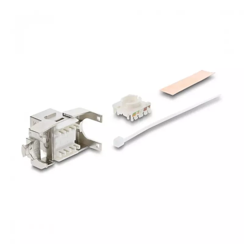Keystone modulis DELOCK RJ45 į LSA Cat.6A ekranuotas, beįrankis, plokščias, sidabrinis/baltas, su dulkių dangteliu