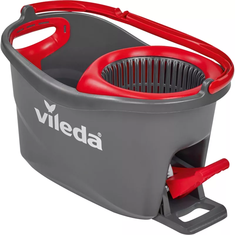 Vileda EasyWring & Clean Turbo šluota su kibiru, raudonas technopolimerinis kibiras, nuimama skalbiama mikropluošto galvutė, kietoms grindims