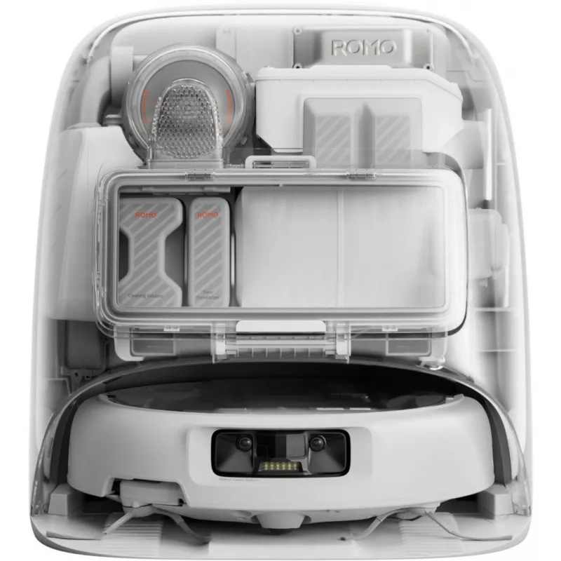 Robotinis dulkių siurblys ir šlapių grindų valymo šluota DJI ROMO P (vandens bako versija) – pilka/balta, 0,26 l dulkių talpa, 4 l švaraus / 3,2 l nešvaraus vandens, 5000 mAh baterija