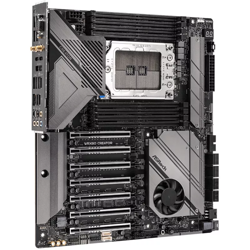 Motininė plokštė ASRock WRX80 CREATOR R2.0 – AMD WRX80, lizdas sWRX8, E-ATX, 8× DIMM DDR4, 2 TB max, Wi‑Fi 6E, 10Gb LAN, 7.1 garso