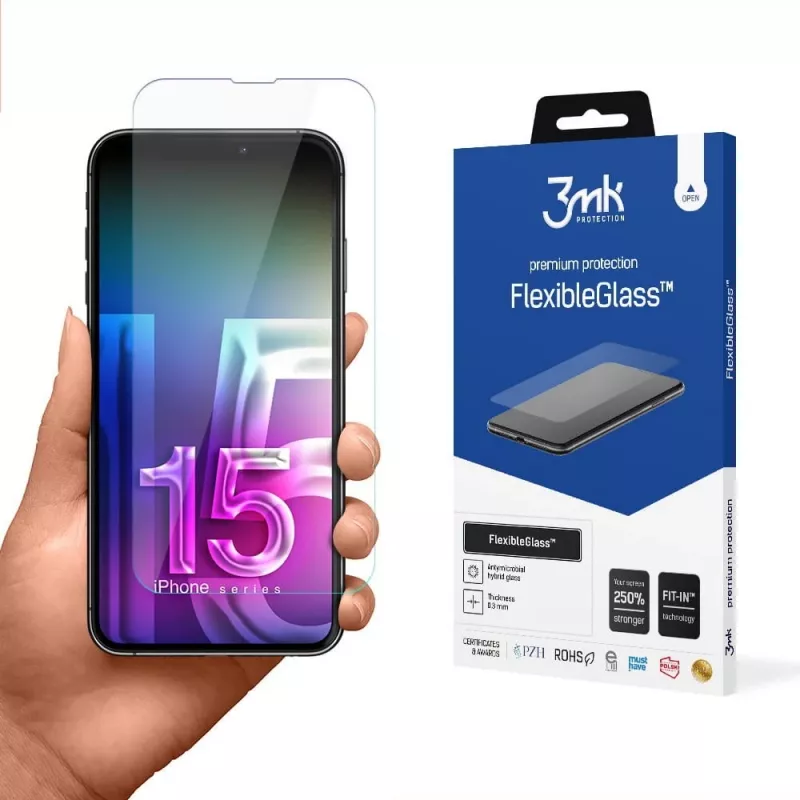 Grūdinta lanksti apsauginė plėvelė 3MK FlexibleGlass Pro, Apple iPhone 15 – skaidri, atspari įbrėžimams