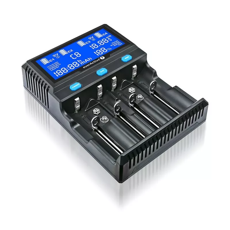 Įkroviklis everActive UC-4200 Universal AC 12V 3A, tinka AA/AAA/C/9V, 4 celės, juodas, su ekranu