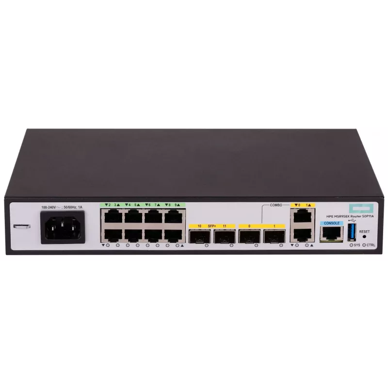 HPE FlexNetwork MSR958X maršrutizatorius su 8 prievadų jungikliu, 1GbE, 6 WAN prievadais, Wi-Fi, montuojamas į stovą (S0P11A)
