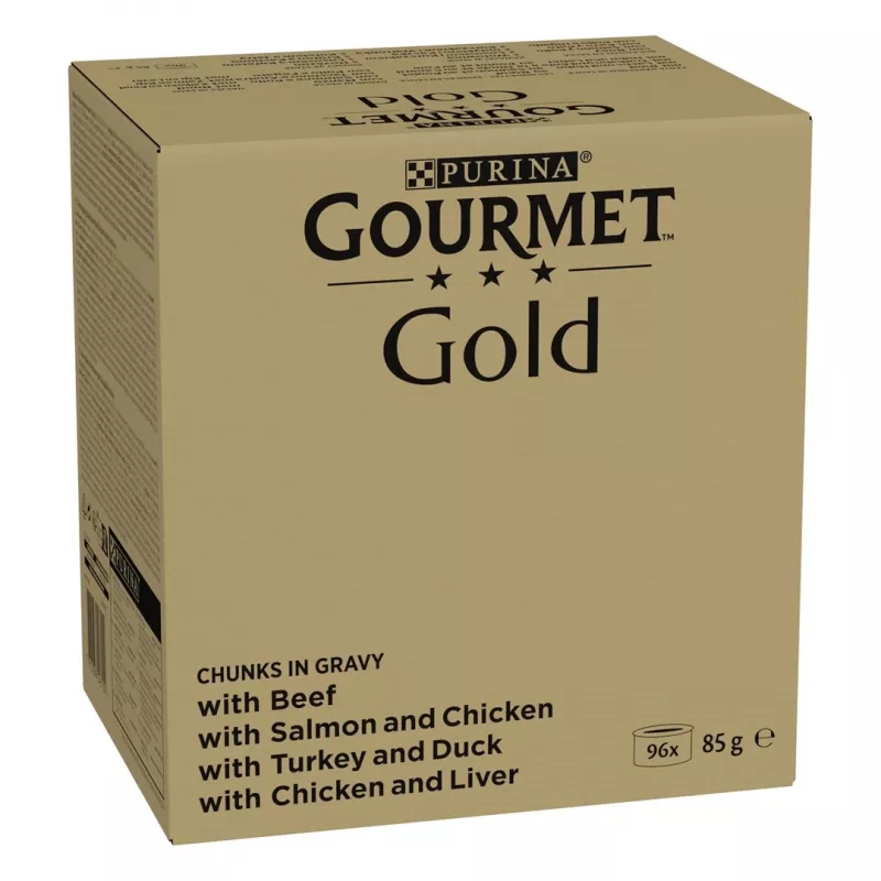 Šlapias kačių ėdalas daugiapakė Purina Nestlé GOURMET Gold gabaliukai padaže – 96 x 85 g, 8,16 kg, 4 skonių mišinys