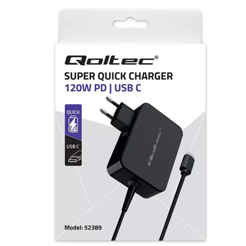 Qoltec PD 120W Turbo Greitasis Įkroviklis | 5-28V | 3-4.5A | USB-C | Juodas