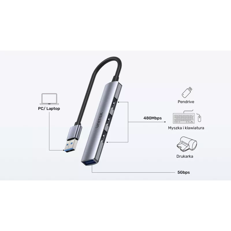 USB šakotuvas Unitek H1208A — 4 prievadai (1 × USB 3.2 Gen 1 Type-A, 3 × USB 2.0), aliumininis korpusas, pilka, 0,20 m laidas