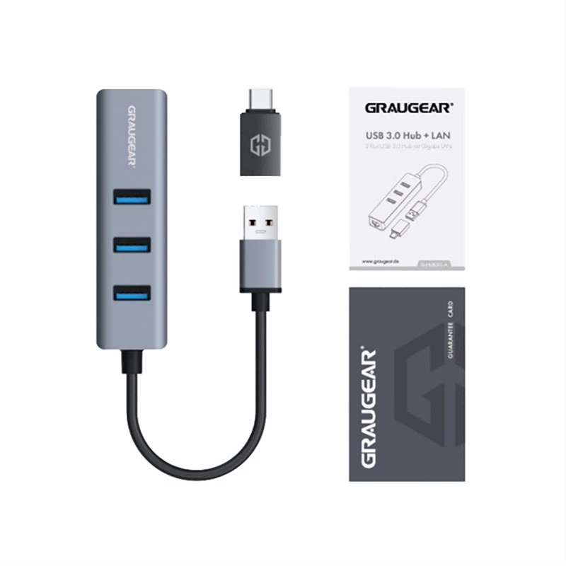 GRAUGEAR USB Hub G-HUB31L-A — USB 3.2 Gen 1 Type-A jungtis, 3x USB 3.2 Gen 1 Type-A prievadai + RJ-45, 5000 Mbit/s
