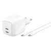 Greitasis AC sieninis įkroviklis Belkin WCH020KQ2MWH-B6 — 2x USB‑C, 2 m integruotas kabelis, baltas