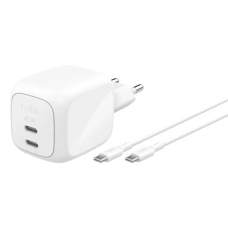 Greitasis AC sieninis įkroviklis Belkin WCH020KQ2MWH-B6 — 2x USB‑C, 2 m integruotas kabelis, baltas