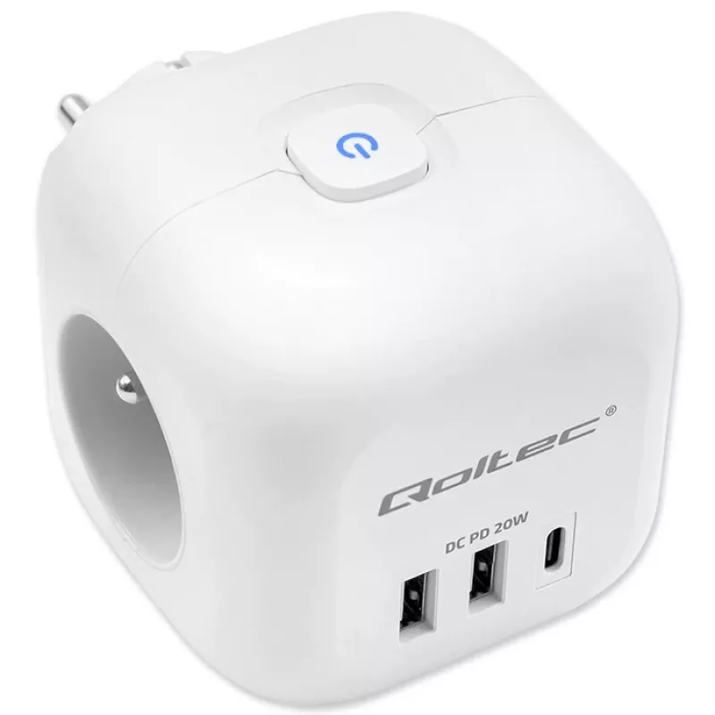 QOLTEC 52548 ilginimo lizdas su 3×AC kištukiniais lizdais ir USB prievadu