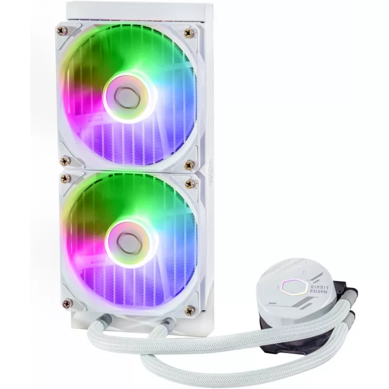 Skysčio aušinimo komplektas Cooler Master MasterLiquid 240L Core ARGB White — 240 mm radiatorius, 120 mm ventiliatoriai, palaiko LGA1700/AM5/AM4 ir senesnius lizdus
