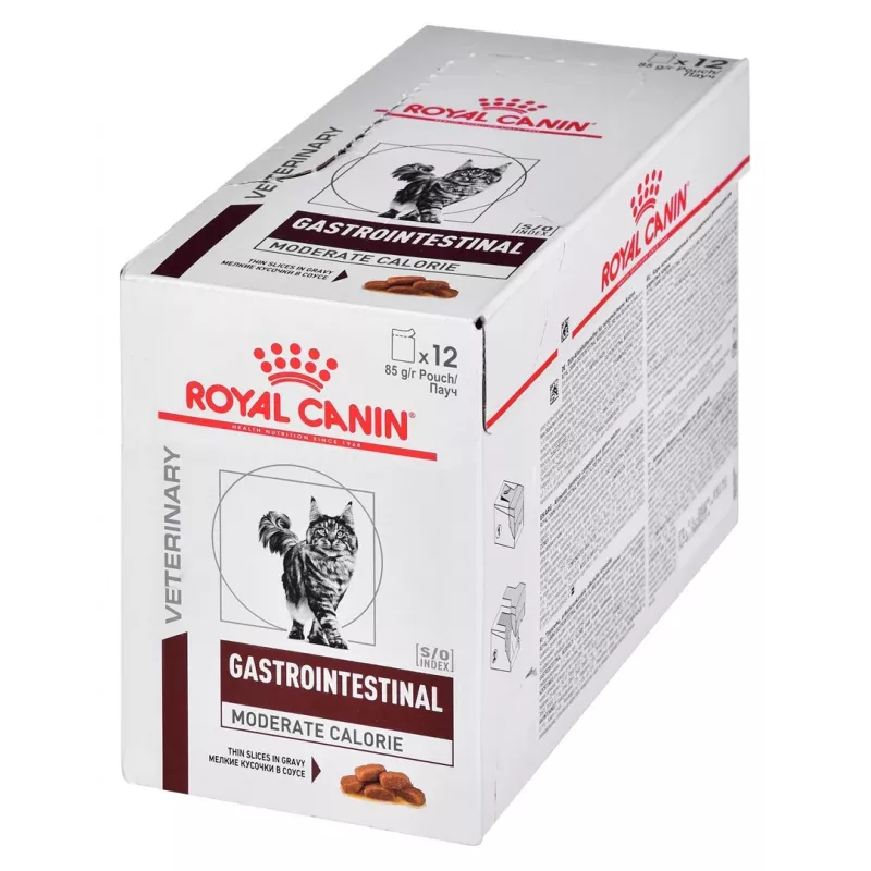 Šlapias kačių ėdalas Royal Canin Gastrointestinal Moderate Calorie 12 x 85 g pakeliai, suaugusioms katėms, mėsos skonis, 82,2% drėgmės