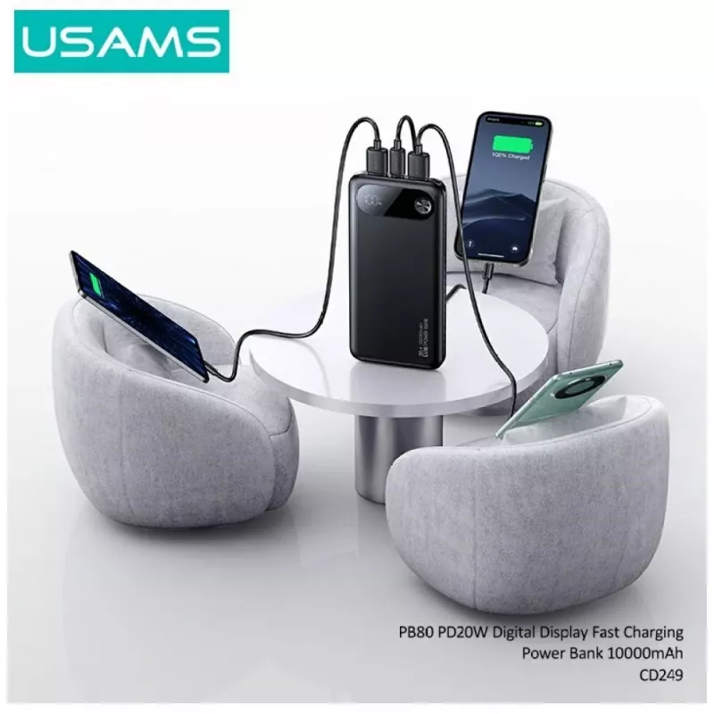 Nešiojamas powerbank usams PB80 10000mAh 20W PD baltas