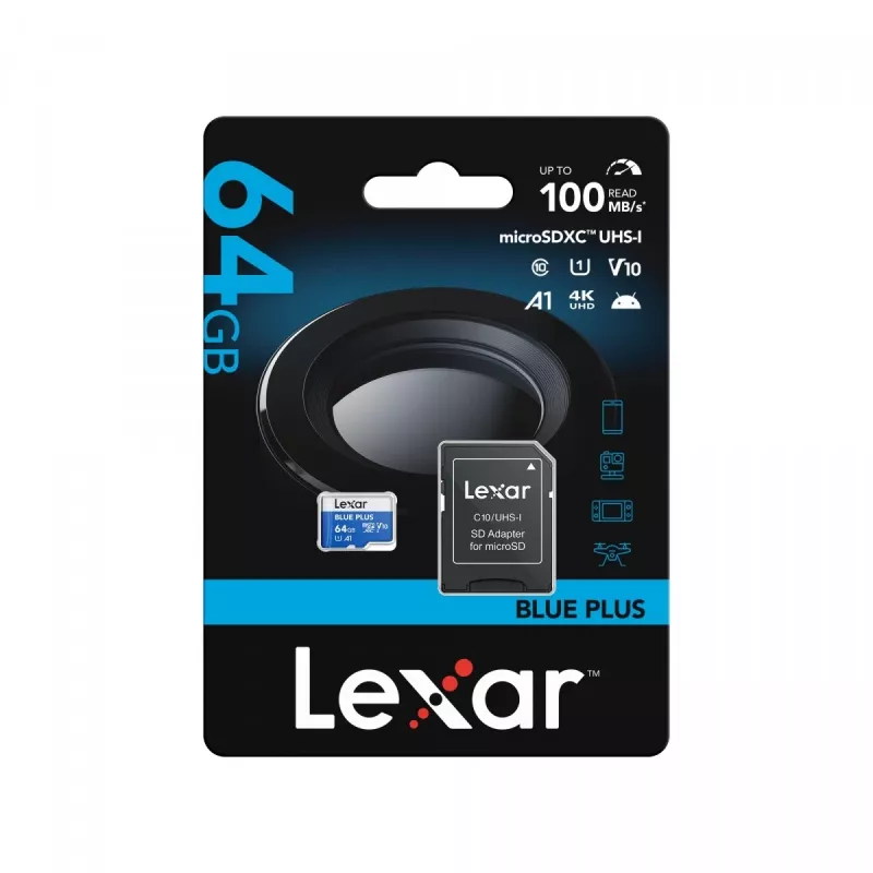„Lexar BLUE PLUS 64 GB MicroSDXC“ atminties kortelė UHS‑I 100 MB/s U1 V10 (mėlyna)