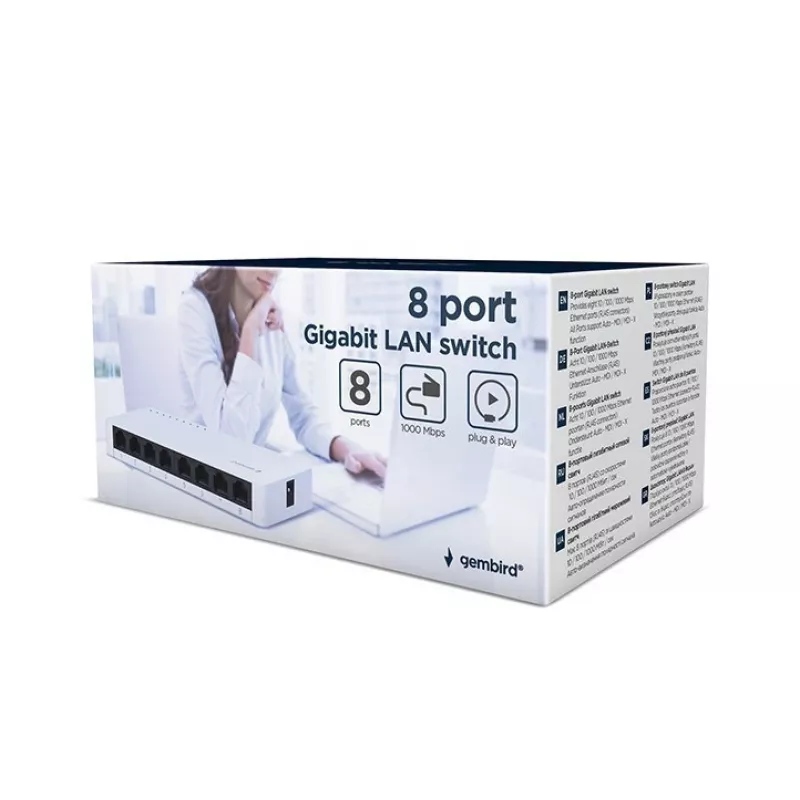 Nevaldomas jungiklis GEMBIRD NSW-G8-01 – 8× Gigabit Ethernet (10/100/1000), baltas, DC 5V