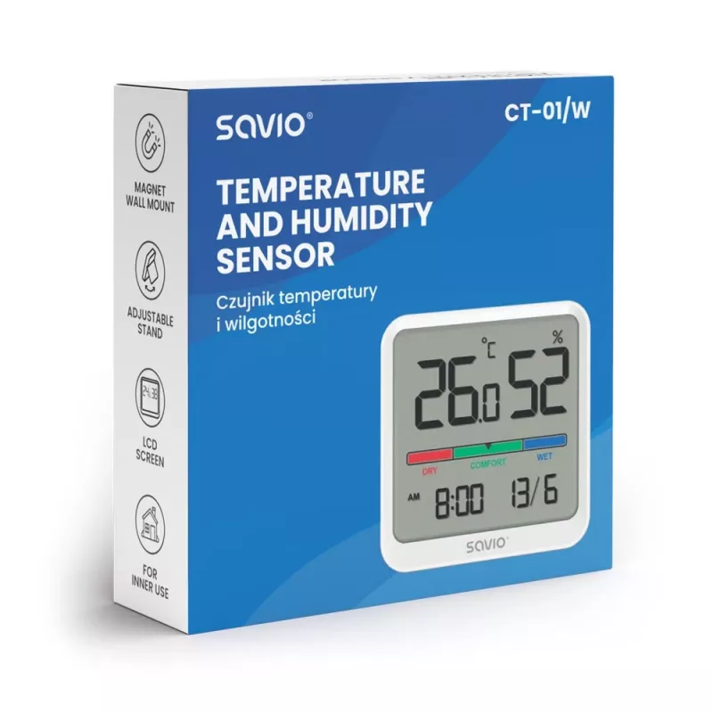 Vidaus temperatūros ir drėgmės jutiklis SAVIO CT-01/W, LCD ekranas, -10–55°C, 10–99%RH, baterija CR2032