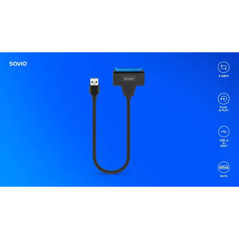 SAVIO SATA į USB 3.1 Gen 1 sąsajos laidas AK-68, SATA lizdas į USB-A kištuką, 5 Gbit/s, 0,25 m, juodas