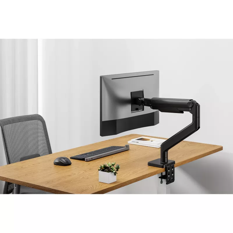 Monitorio laikiklis DIGITUS Single, spaustuvinis, iki 49 colių (124,5 cm), 20 kg, VESA 75x75–100x100, pakreipimas -20° iki 50°, aukščio reguliavimas, juodas