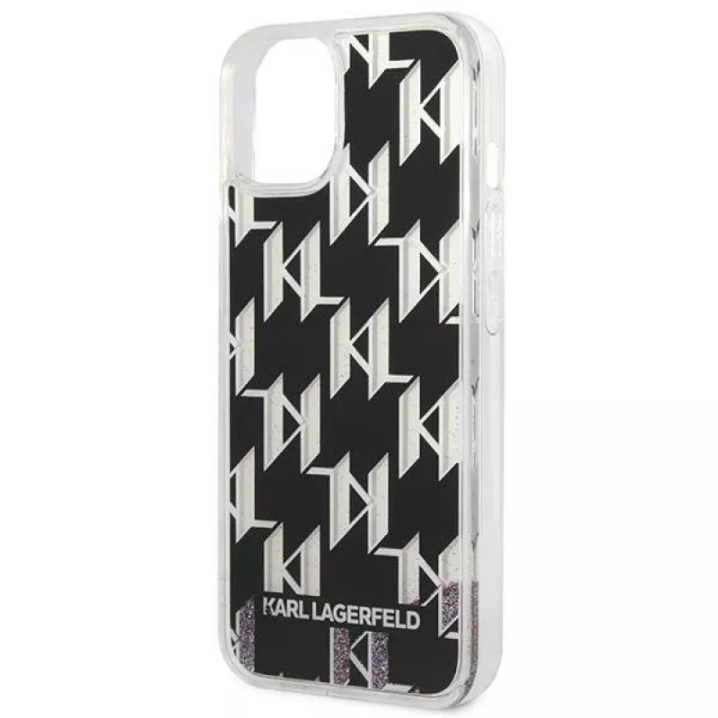 Karl Lagerfeld KLHCP14MLMNMK kietas dėklas, skirtas iPhone 14 Plus 6,7 inch, juodas/juodas Liquid Glitter Monogram