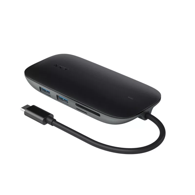 Dokavimo stotelė nešiojamam kompiuteriui AUKEY CB-C71 — 3x USB-C (USB 3.2 Gen1), HDMI, RJ-45, MicroSD, USB PD 100W, 0,15 m laidas, juoda