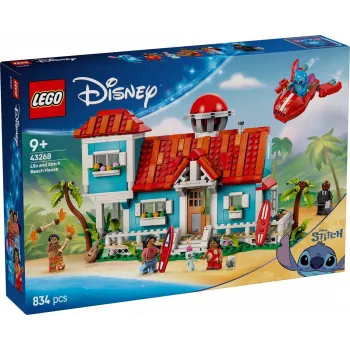 LEGO rinkinys Disney 43268 Paplūdimio namas – modulinis namo statinys, 834 detalės, 5 minifigūrėlės, nuo 9 metų