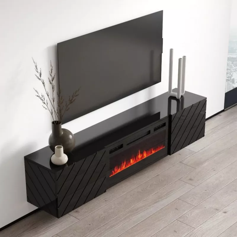 Spintelė televizoriui cama meble LUXE 301126 su įmontuotu elektriniu židiniu, 182,6×34,5×37,5 cm, juodas blizgesys