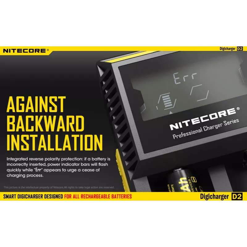 Nitecore D2 įkroviklis – 2 lizdai AA/AAA/AAAA/C baterijoms, 100–240V, 4,2V, juodas