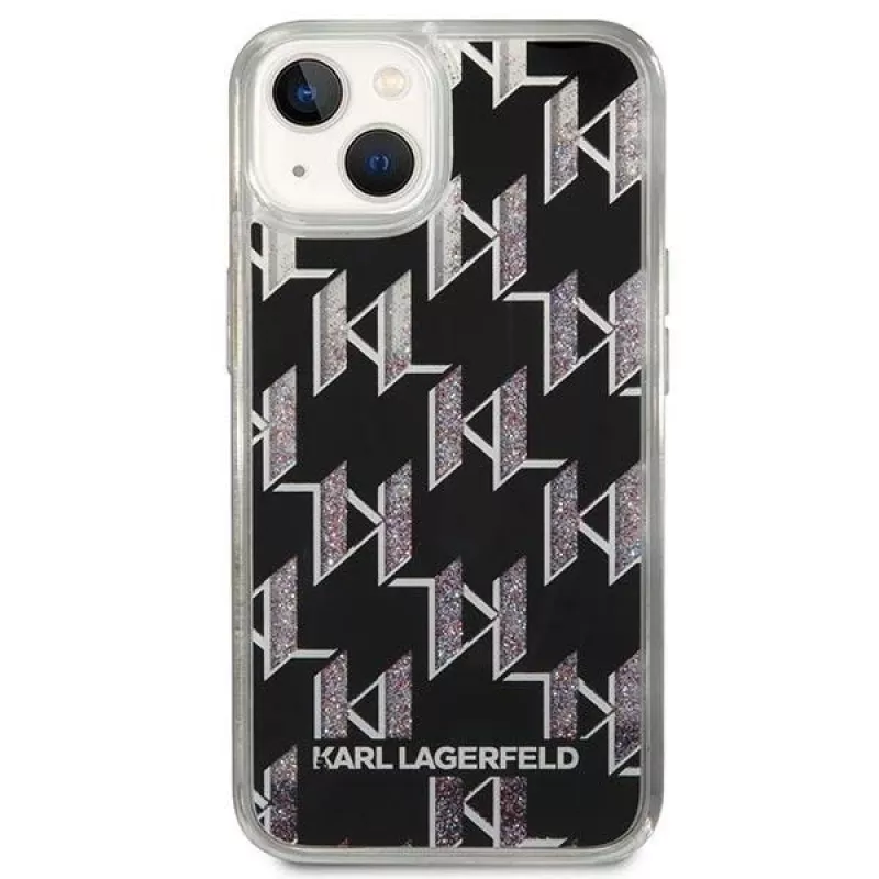 Karl Lagerfeld KLHCP14MLMNMK kietas dėklas, skirtas iPhone 14 Plus 6,7 inch, juodas/juodas Liquid Glitter Monogram