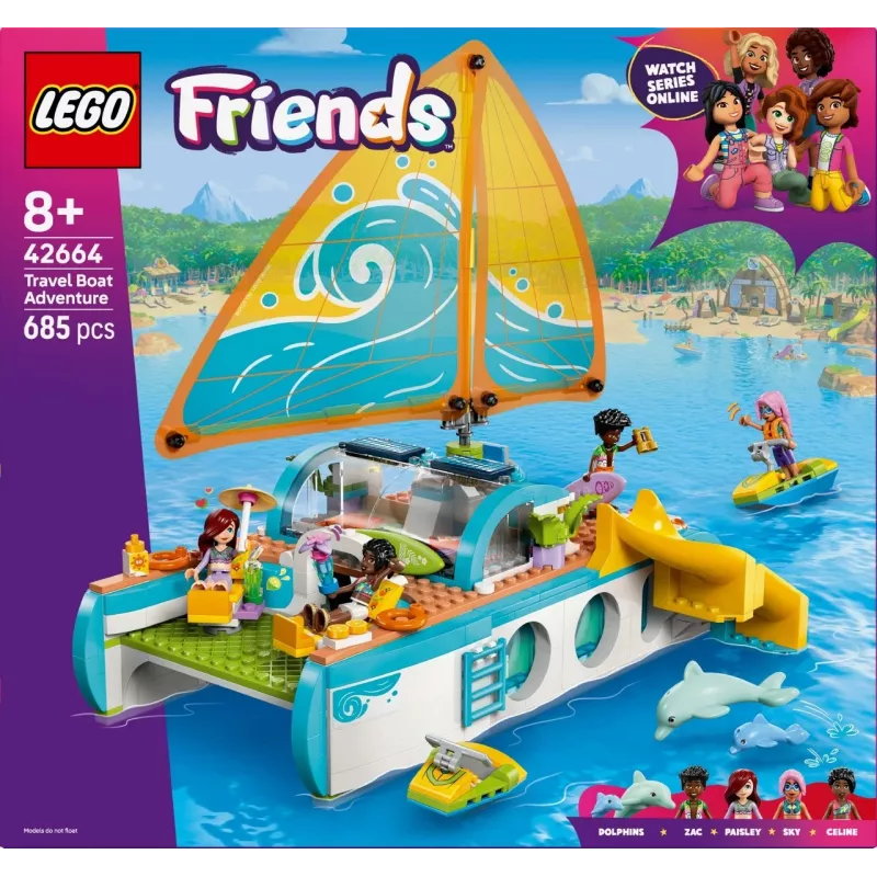 LEGO Friends kelionių laivo nuotykių rinkinys 42664 – 685 detalės, 4 mini lėlytės, nuo 8 metų, 260×190×320 mm