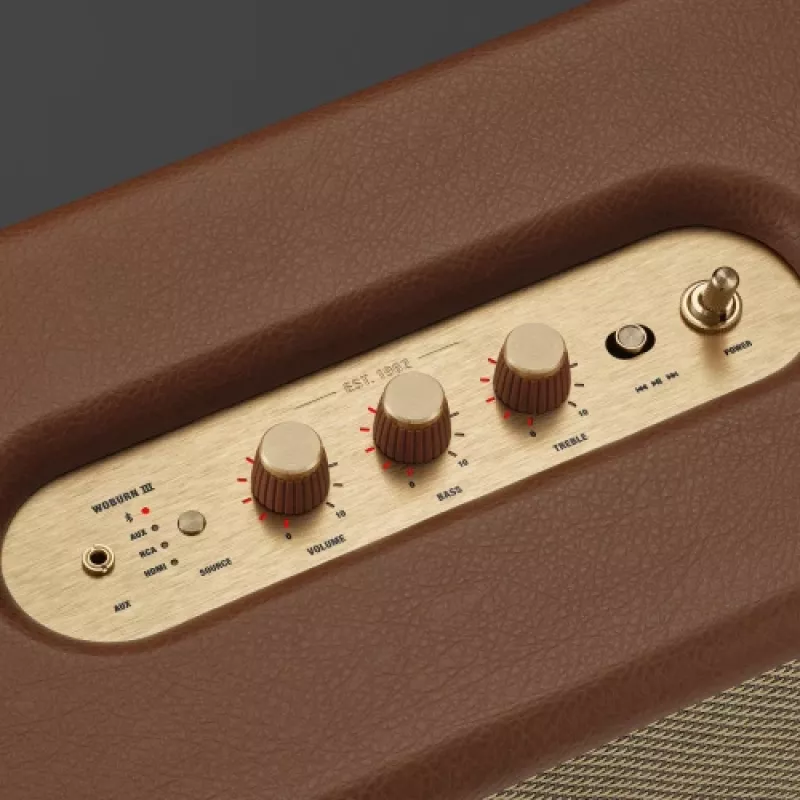 Belaidė garsiakalbė MARSHALL Woburn III Brown – daugiakambaris, Bluetooth, Wi‑Fi, analoginiai įėjimai