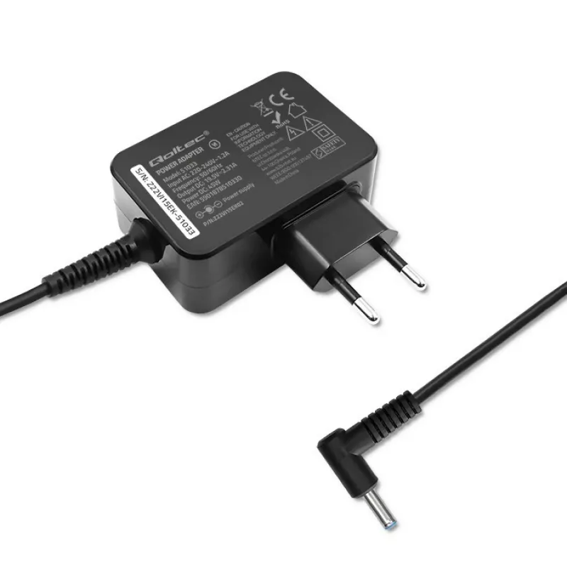 Maitinimo adapteris nešiojamam kompiuteriui QOLTEC 51033, 45 W, 19,5 V, 2,31 A, 220–240 V, vidaus, juodas, 1,7 m laidas