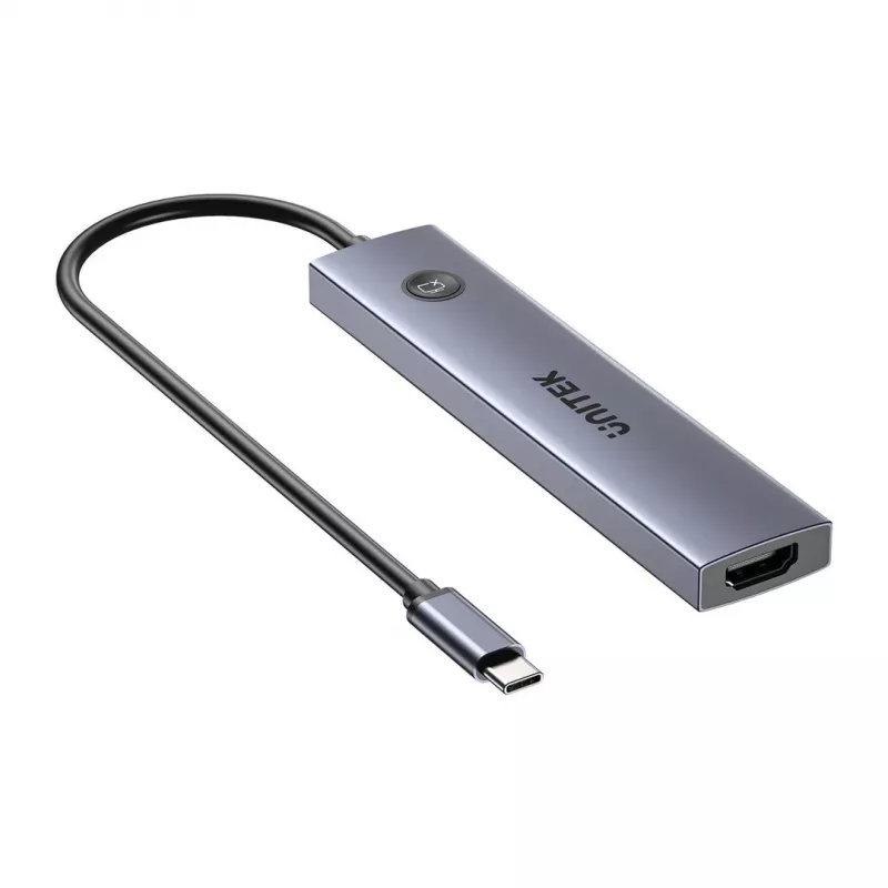 USB-C centrinis įrenginys Unitek H1124AGY01 su 100W PD, HDMI 2.0, 2x USB‑A, 2x USB‑C, SD/microSD skaitytuvu – aliuminis