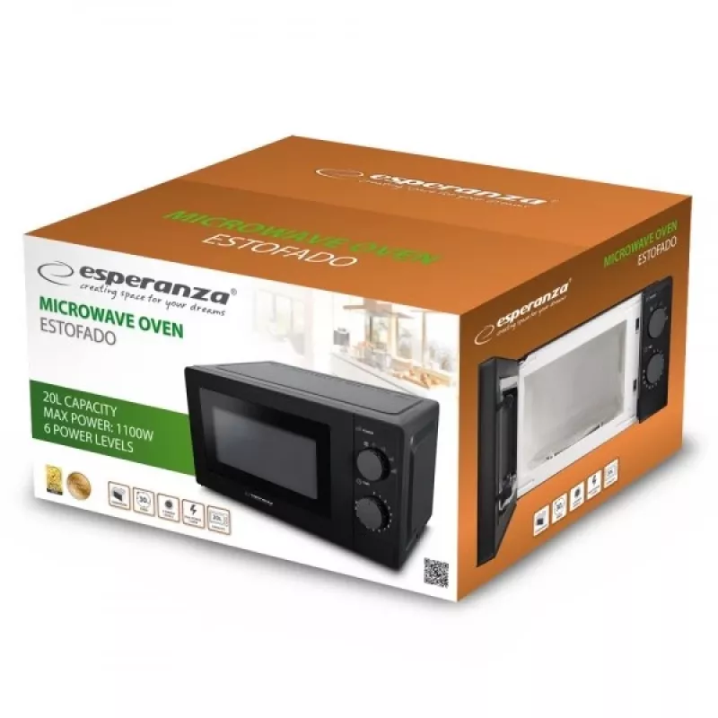 Mikrobangų krosnelė ESPERANZA ESTOFADO – 20 L, 700 W, 5 galingumo lygių, 24,5 cm sukamoji lėkštė, juoda