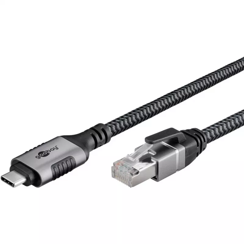 Ethernet laidas USB-C 3.2 Gen2 kištukas > RJ-45 kištukas, LAN adapteris juodas/sidabrinis, 2 metrai, pintas tekstilinis apvalkalas