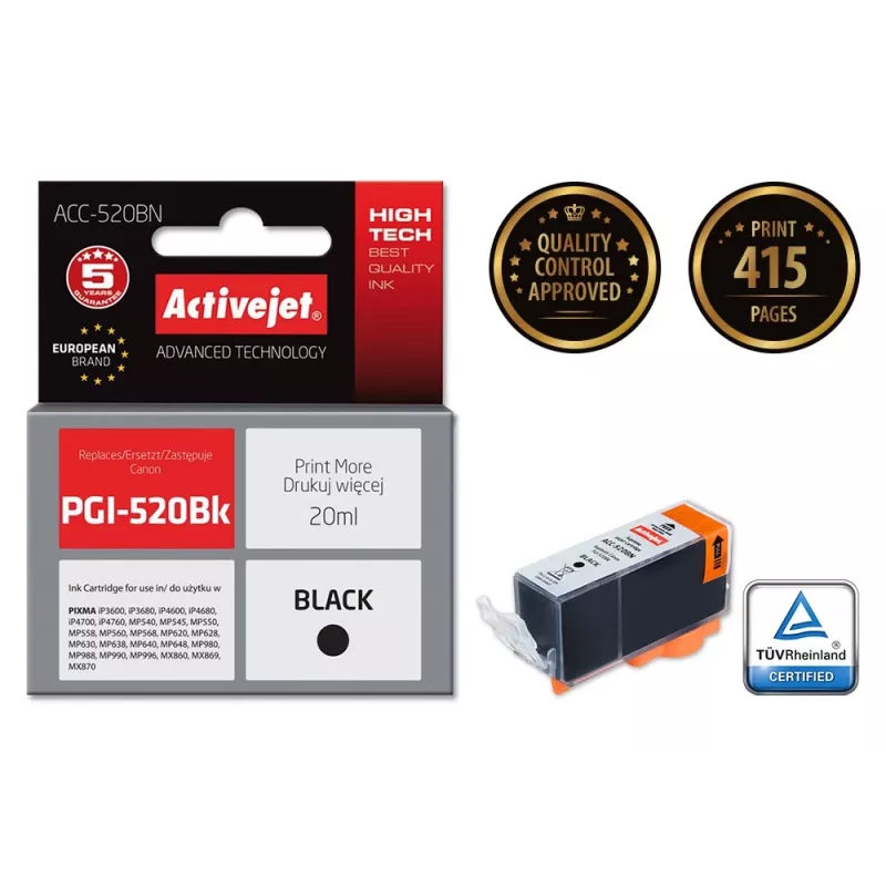 Activejet ACC-520BN rašalas, pakaitalas Canon PGI-520BK, Supreme, 20 ml, juodas