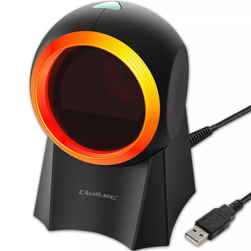 Stalinis brūkšninių kodų skaitytuvas QOLTEC 50857 — 1D/2D, USB, ABS korpusas, juodas, 1,75 m laidas