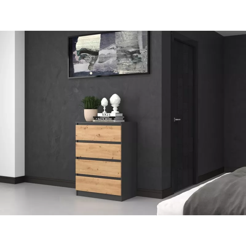 Komoda Top e Shop M4 ANTRACYT/ARTISAN – 4 stalčiai, antracito ir ąžuolo apdaila, 700×400×970 mm, medžio drožlių plokštė