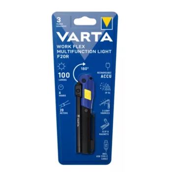 Rankinis darbinis žibintas Varta Work Flex Black LED, 100 lm, įmontuota baterija, 6 h, aliuminis/nailonas/PC/guma, 120 mm