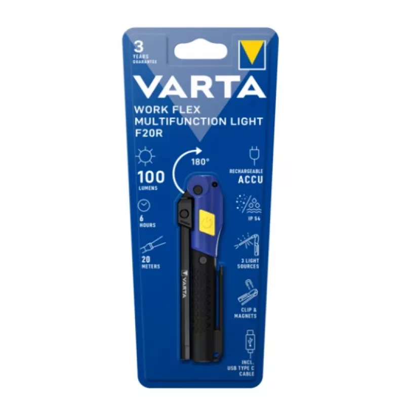 Rankinis darbinis žibintas Varta Work Flex Black LED, 100 lm, įmontuota baterija, 6 h, aliuminis/nailonas/PC/guma, 120 mm