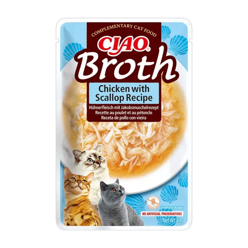 INABA Ciao Broth su vištiena, lašiša, tunu ir jūros šukutėmis – skanėstai katėms – 24x40g