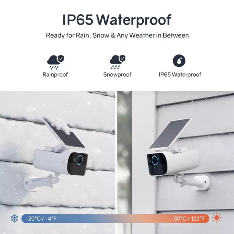 Safemo SC1 SolarCam belaidė lauko kamera, 4K UHD, 8× priartinimas, 132° vaizdas, naktinis matymas, „Wi-Fi“ 2,4 GHz, 1,5 W saulės baterija, balta