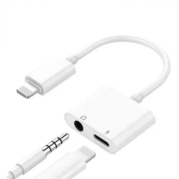 Dvigubas adapteris iPhone Lightning – 3,5 mm ausinėms ir įkrovimui